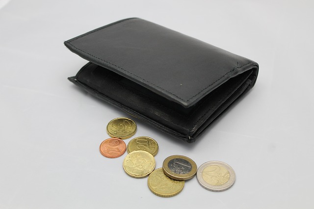 černá peněženka a mince